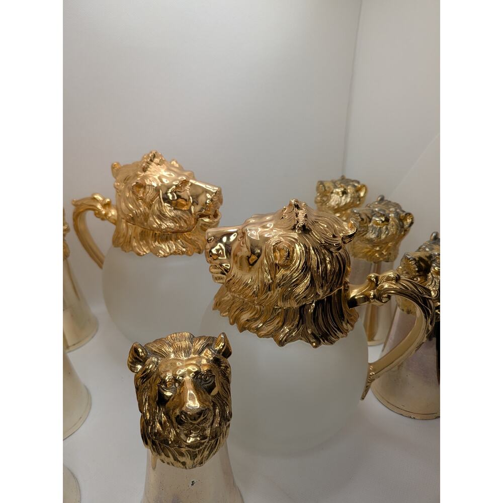 Carole Stupell Gold Lion Head Pitcher & 7 Stirrup Cups – Mid-Century Bar Set - Picture 14 of 16